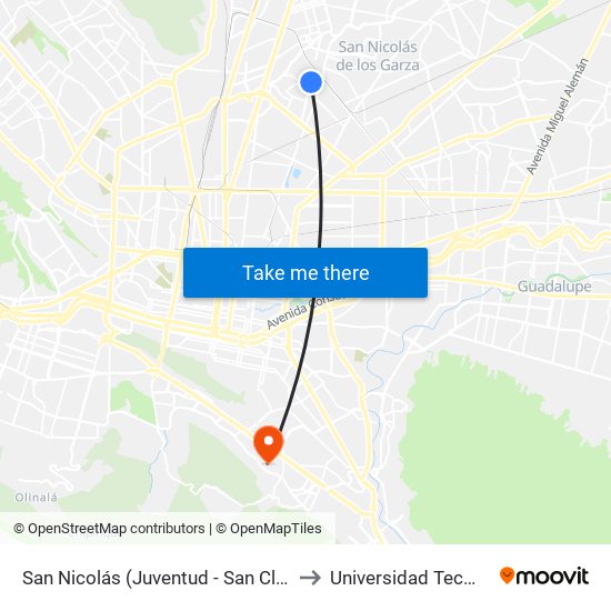 San Nicolás (Juventud - San Clemente) to Universidad Tecmilenio map