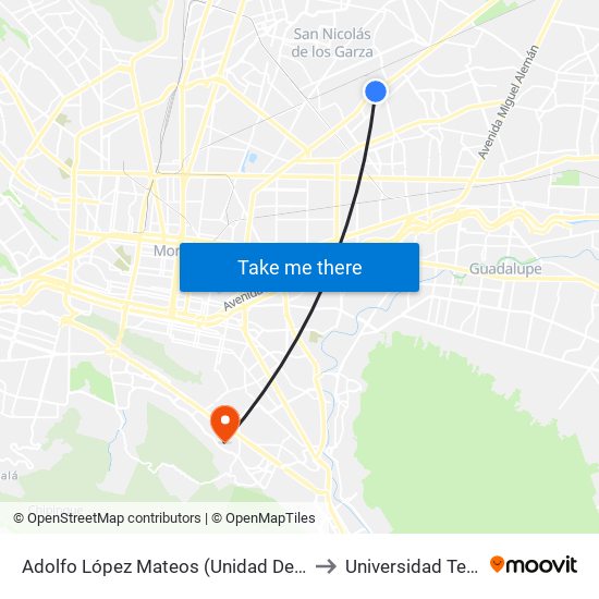 Adolfo López Mateos (Unidad Deportiva Oriente) to Universidad Tecmilenio map