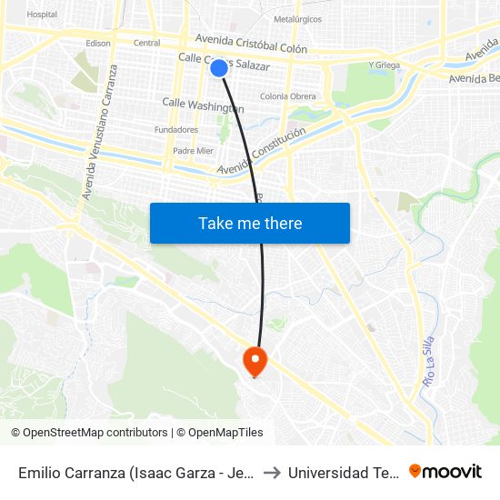 Emilio Carranza (Isaac Garza - Jerónimo Treviño) to Universidad Tecmilenio map