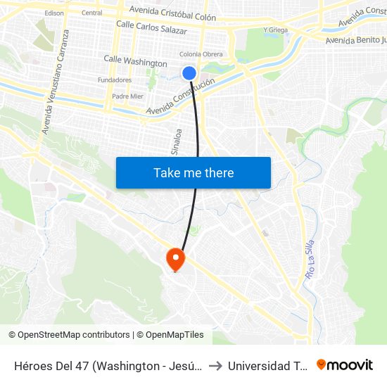 Héroes Del 47 (Washington - Jesús González Ortega) to Universidad Tecmilenio map