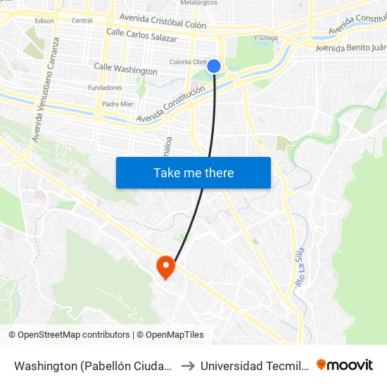 Washington (Pabellón Ciudadano) to Universidad Tecmilenio map