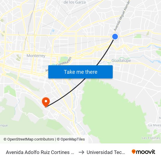 Avenida Adolfo Ruiz Cortines Poniente to Universidad Tecmilenio map