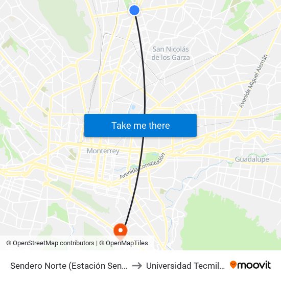 Sendero Norte (Estación Sendero) to Universidad Tecmilenio map