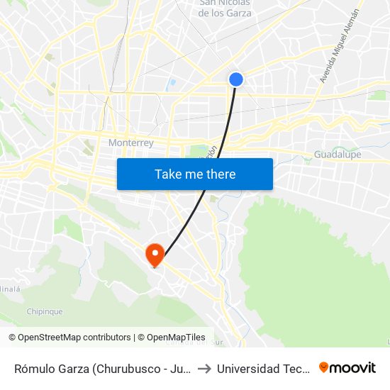 Rómulo Garza (Churubusco - Juan Pablo II) to Universidad Tecmilenio map