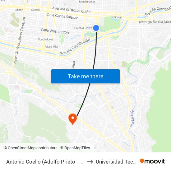 Antonio Coello (Adolfo Prieto - Washington) to Universidad Tecmilenio map