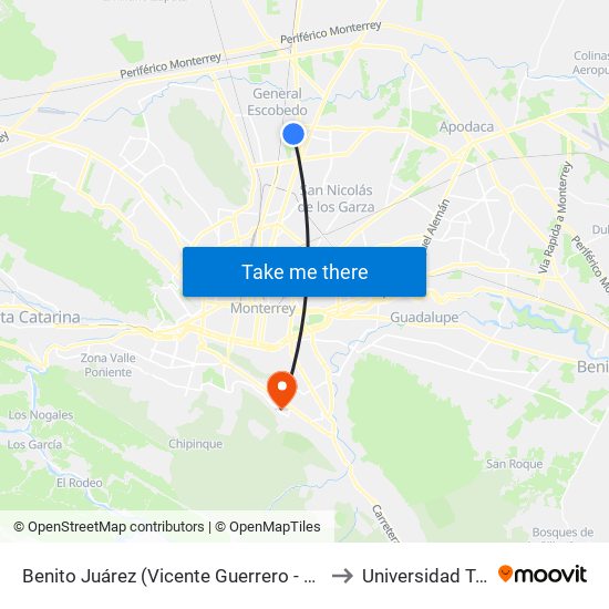Benito Juárez (Vicente Guerrero - Juan Ignacio Ramón) to Universidad Tecmilenio map