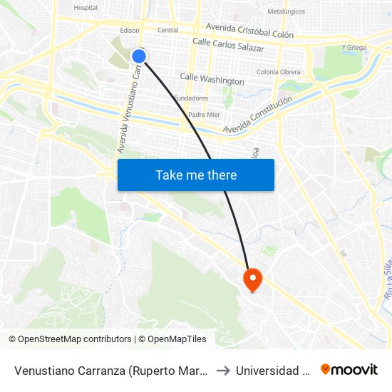Venustiano Carranza (Ruperto Martínez - Albino Espinosa) to Universidad Tecmilenio map