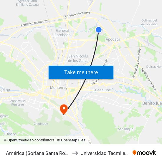 América (Soriana Santa Rosa) to Universidad Tecmilenio map