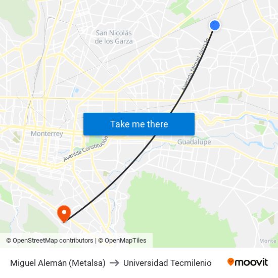 Miguel Alemán (Metalsa) to Universidad Tecmilenio map