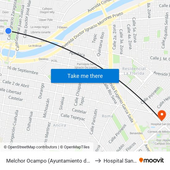 Melchor Ocampo (Ayuntamiento de Monterrey) to Hospital San Jose map