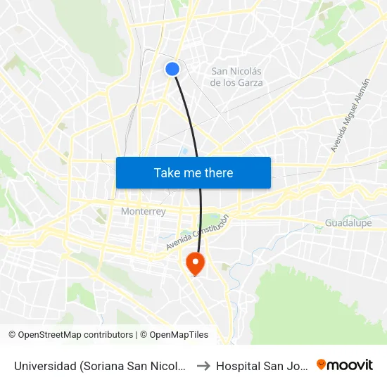 Universidad (Soriana San Nicolás) to Hospital San Jose map