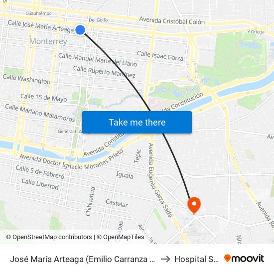 José María Arteaga (Emilio Carranza - Mariano Escobedo) to Hospital San Jose map