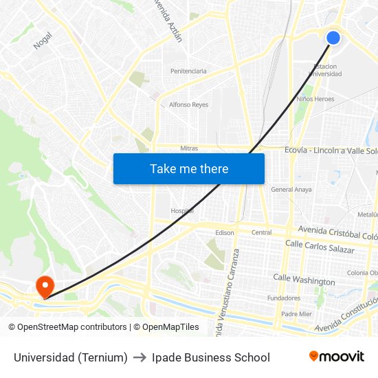 Universidad (Ternium) to Ipade Business School map