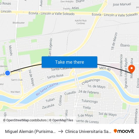 Miguel Alemán (Purísima - La Luz) to Clinica Universitaria San Rafael map