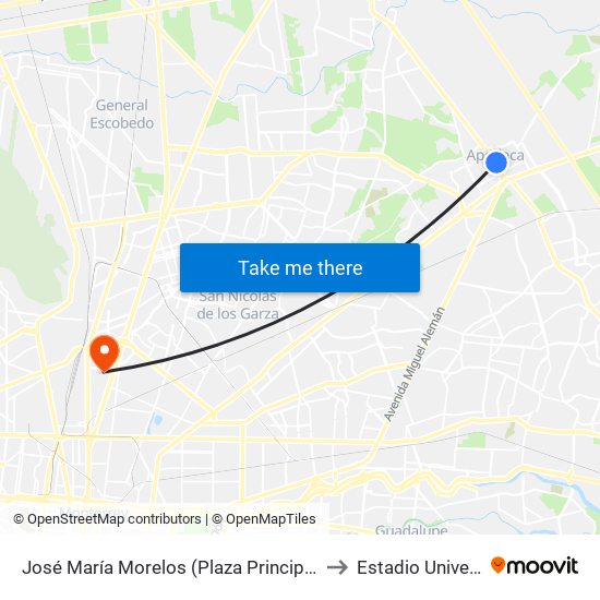 José María Morelos (Plaza Principal de Apodaca) to Estadio Universitario map