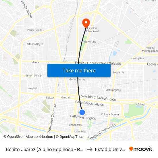 Benito Juárez (Albino Espinosa - Ruperto Martínez) to Estadio Universitario map