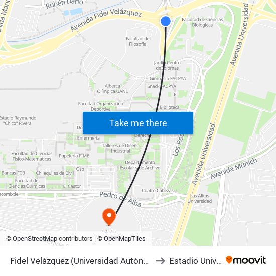Fidel Velázquez (Universidad Autónoma de Nuevo León) to Estadio Universitario map