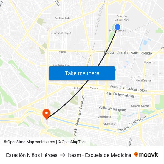 Estación Niños Héroes to Itesm - Escuela de Medicina map