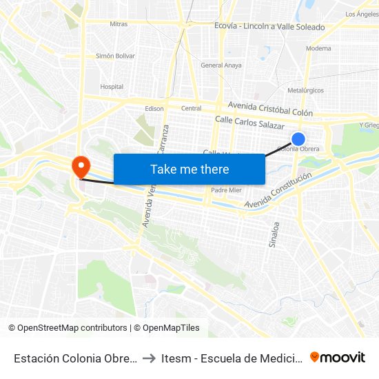 Estación Colonia Obrera to Itesm - Escuela de Medicina map