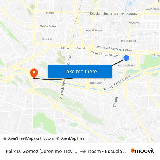 Félix U. Gómez (Jerónimo Treviño - Carlos Salazar) to Itesm - Escuela de Medicina map