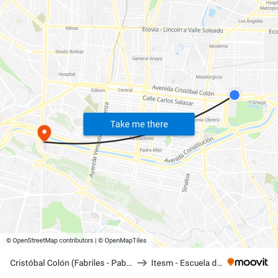 Cristóbal Colón (Fabriles - Pablo A. de La Garza) to Itesm - Escuela de Medicina map