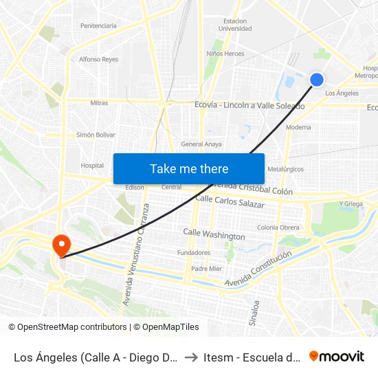 Los Ángeles (Calle A - Diego Díaz de Berlanga) to Itesm - Escuela de Medicina map