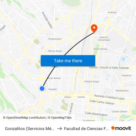 Gonzalitos (Servicios Médicos de La U.A.N.L.) to Facultad de Ciencias Fisico-Matematicas map
