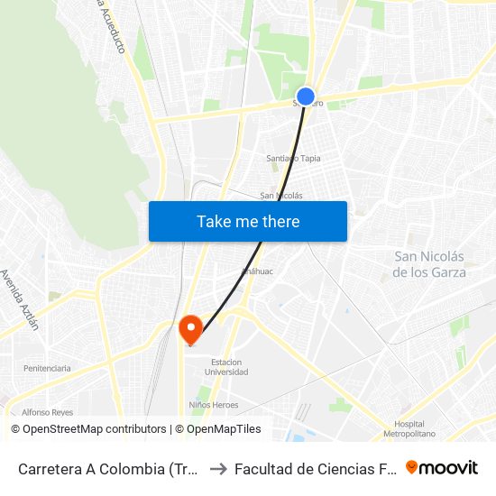 Carretera A Colombia (Transmetro Metroplex) to Facultad de Ciencias Fisico-Matematicas map