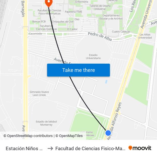 Estación Niños Héroes to Facultad de Ciencias Fisico-Matematicas map