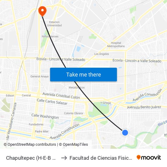 Chapultepec (H-E-B Chapultepec) to Facultad de Ciencias Fisico-Matematicas map