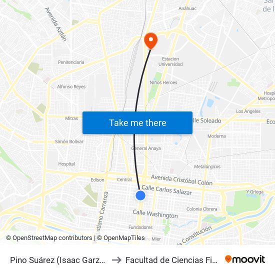 Pino Suárez (Isaac Garza - Santiago Tapia) to Facultad de Ciencias Fisico-Matematicas map