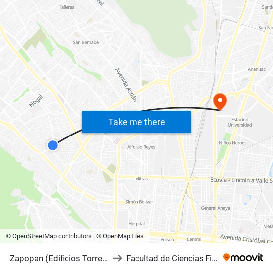 Zapopan (Edificios Torres de Las Cumbres) to Facultad de Ciencias Fisico-Matematicas map