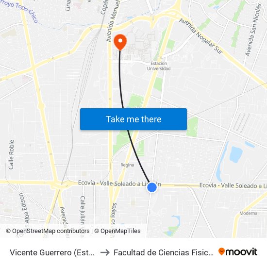 Vicente Guerrero (Estación Asarco) to Facultad de Ciencias Fisico-Matematicas map