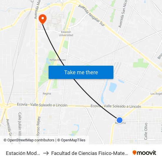 Estación Moderna to Facultad de Ciencias Fisico-Matematicas map