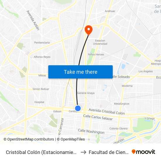 Cristóbal Colón (Estacionamiento de Central de Autobuses de Monterrey) to Facultad de Ciencias Fisico-Matematicas map