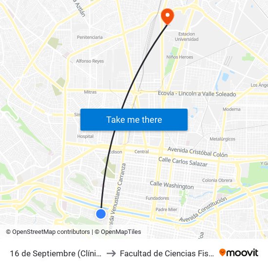 16 de Septiembre (Clínica 5 Del I.M.S.S.) to Facultad de Ciencias Fisico-Matematicas map