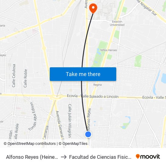 Alfonso Reyes (Heineken México) to Facultad de Ciencias Fisico-Matematicas map