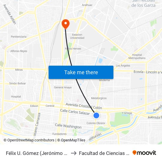 Félix U. Gómez (Jerónimo Treviño - Carlos Salazar) to Facultad de Ciencias Fisico-Matematicas map