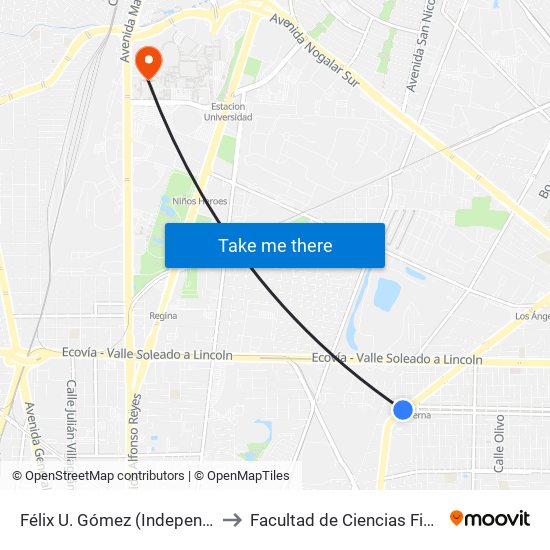 Félix U. Gómez (Independencia - Libertad) to Facultad de Ciencias Fisico-Matematicas map