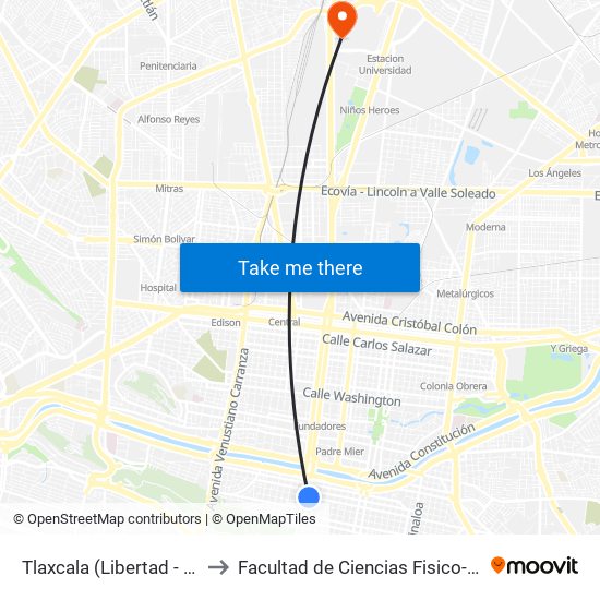 Tlaxcala (Libertad - 2 de Abril) to Facultad de Ciencias Fisico-Matematicas map