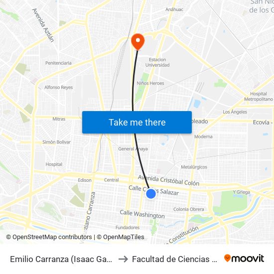 Emilio Carranza (Isaac Garza - Jerónimo Treviño) to Facultad de Ciencias Fisico-Matematicas map