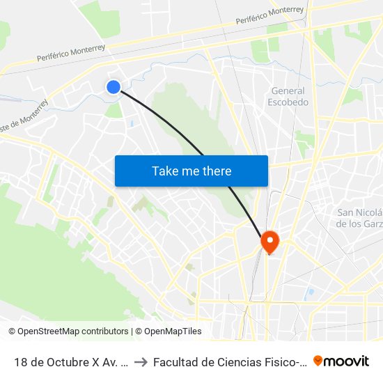 18 de Octubre X Av. Monterrey to Facultad de Ciencias Fisico-Matematicas map