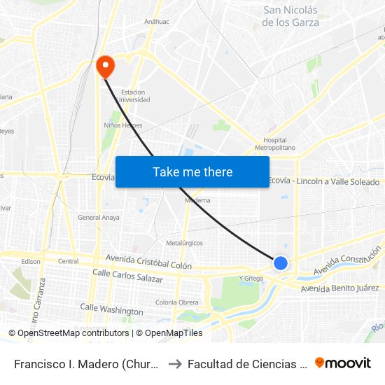 Francisco I. Madero (Churubusco - Santa Catarina) to Facultad de Ciencias Fisico-Matematicas map