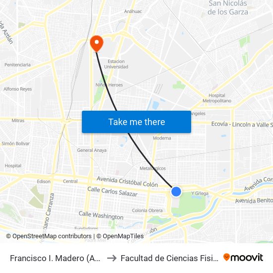 Francisco I. Madero (Arena Monterrey) to Facultad de Ciencias Fisico-Matematicas map