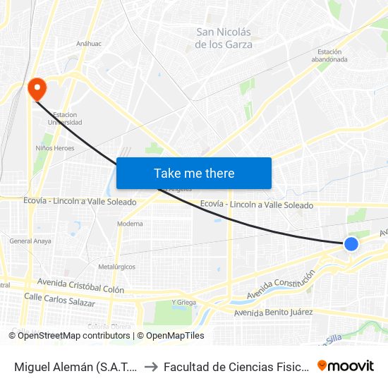 Miguel Alemán (S.A.T. Nuevo León) to Facultad de Ciencias Fisico-Matematicas map