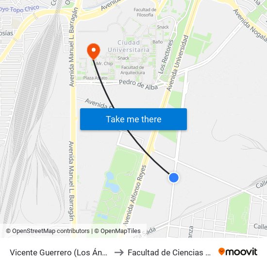 Vicente Guerrero (Los Ángeles - Ernesto García) to Facultad de Ciencias Fisico-Matematicas map