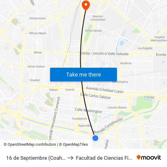 16 de Septiembre (Coahuila - Tamaulipas) to Facultad de Ciencias Fisico-Matematicas map