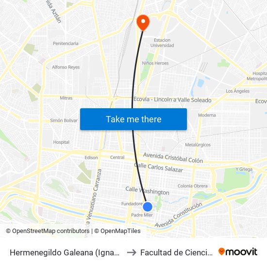 Hermenegildo Galeana (Ignacio Allende - Mariano Matamoros) to Facultad de Ciencias Fisico-Matematicas map