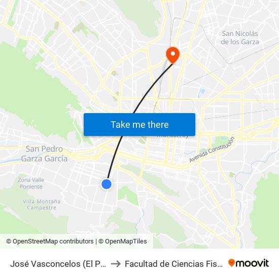 José Vasconcelos (El Palacio de Hierro) to Facultad de Ciencias Fisico-Matematicas map