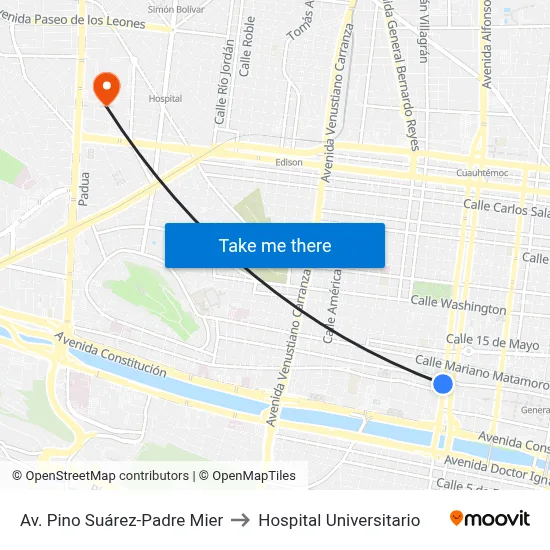 Av. Pino Suárez-Padre Mier to Hospital Universitario map